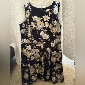 Floral Sleeveless Dress - Navy and Gold Metallic Accents